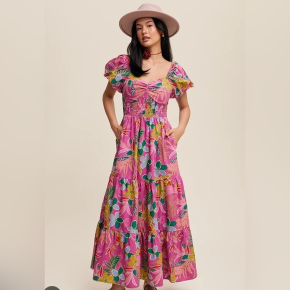 Listicle Dresses & Skirts - NWT Listicle Floral Puff Sleeve Tiered Smocked Maxi Poplin Cotton Dress LARGE